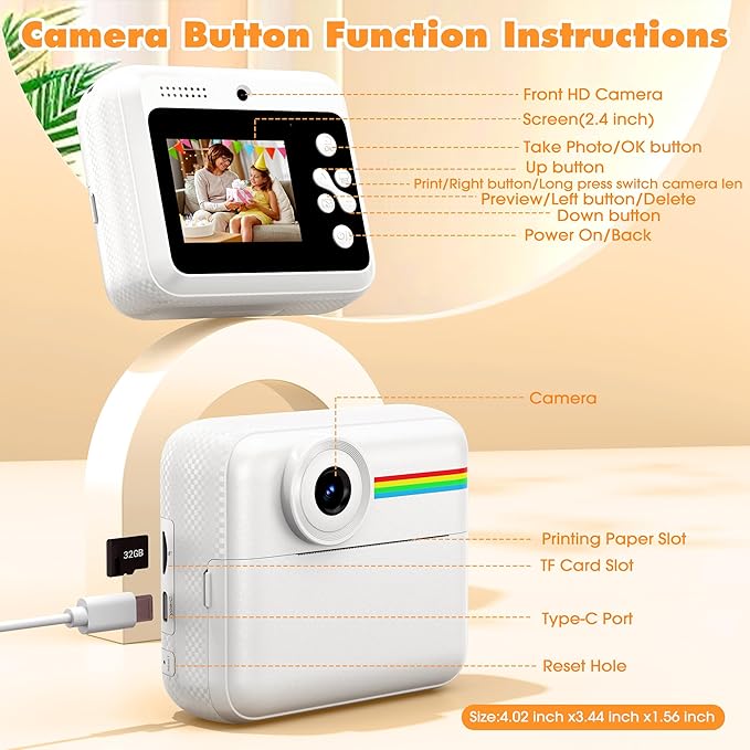 Kids Camera Instant Photo Printing,HD Digital Video dual Cameras for Toddler,Kids Digital Camera That Print Photos Christmas Birthday Gift for Boys and Girls with 32GB SD & 3 Rolls Print Paper (White)