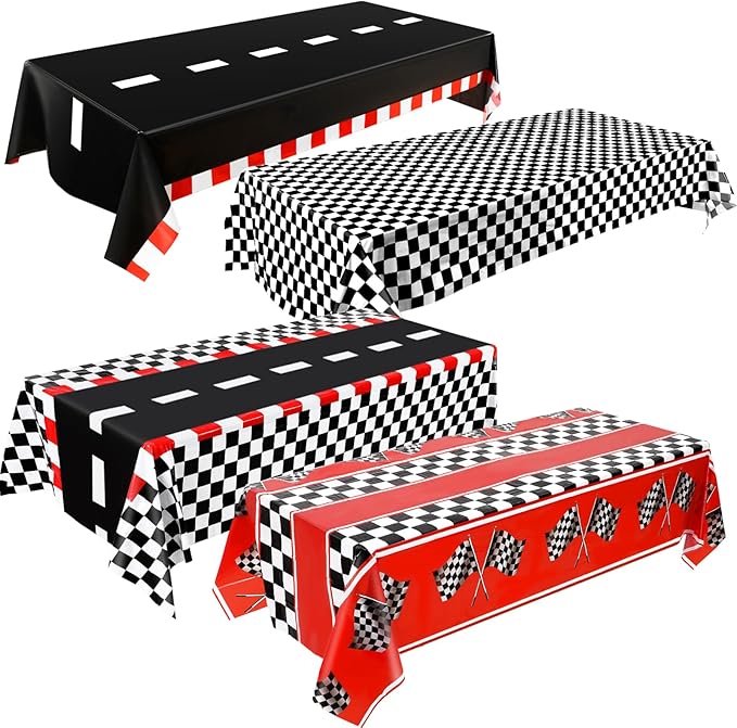 Breling 4 Pcs Car Birthday Party Decorations Plastic Car Table Cloth 4 Styles Disposable Race Road Checkered Party Supplies Car Theme Party Favors for Boys Birthday Baby Shower, 54 x 108 Inch