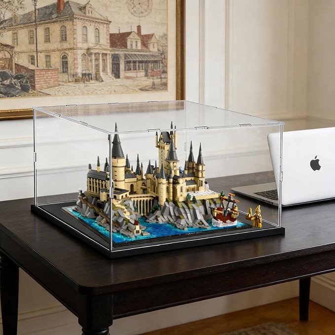 Thickened Clear Acrylic Display Case for Lego 76419 Hogwarts Castle and Ground for 10315 Tranquil Garden 42158 21060 Collectibles, Transparent Box Dustproof with Light, Black Inside 15.7x11.8x9.8 in