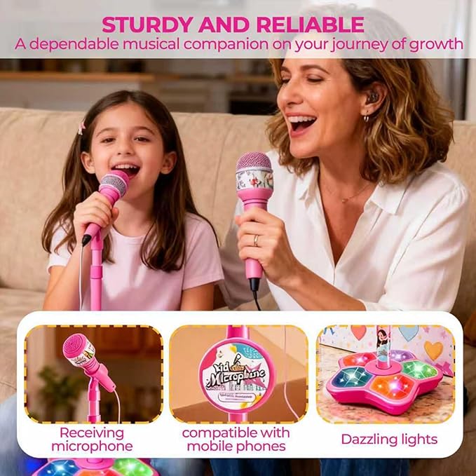 Kids Microphone with Stand - 2026 New Karaoke Machine for Budding Singers, Built-in Music & Echo, 6 Colorful Lights, Adjustable Stand for Girls Boys Birthday Gift (Pink)