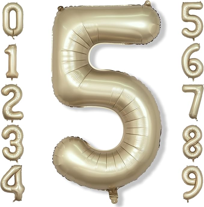 Metallic Gold 5 Balloons, 40 Inch Giant Light Gold Mylar Foil Number 0-9 Helium Balloon for Girls Boys, Self Inflating Champagne 5th Birthday Balloon for Women Anniversary Party Decorations Supplies