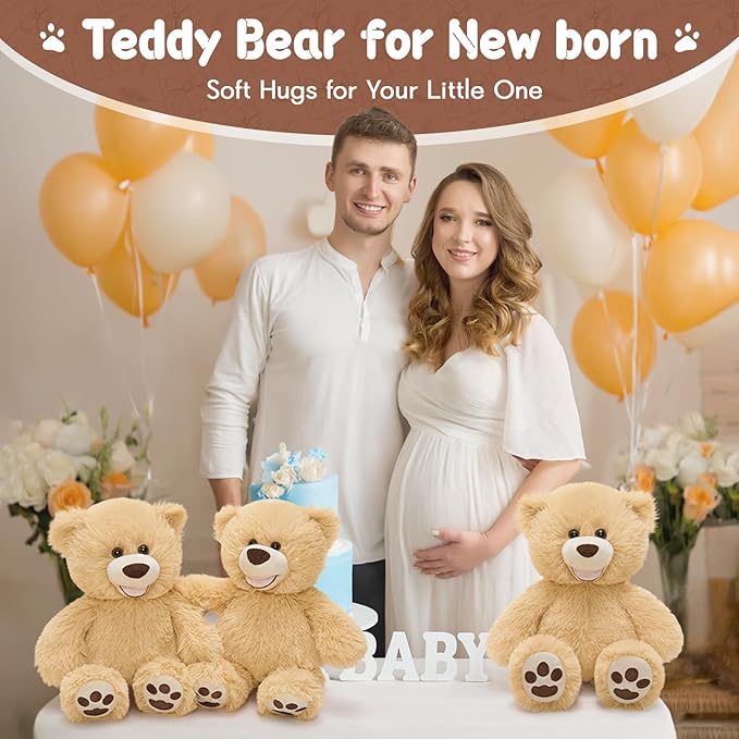 MorisMos 3 Pcs Teddy Bear Stuffed Animals, 13.8 Inch Smiling Teddy Bears Baby Shower Decoration Plush, Gifts for Boys Girls Kids, Nursery, Birthday, Party, Brown, Easter Basket Stuffer Toy