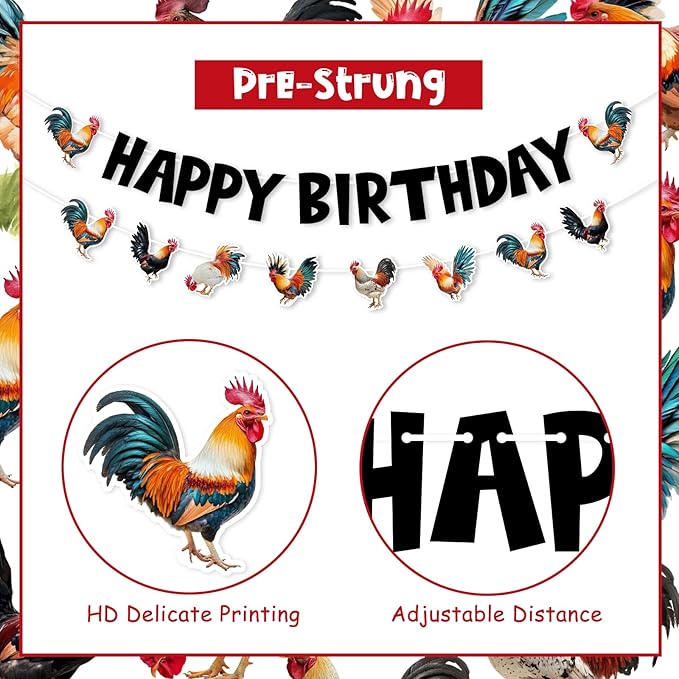 JOYMEMO Rooster Birthday Party Decorations, Rooster Happy Birthday Banner Garland with Cake Topper Cupcake Toppers and Balloons, Chicken Farm Backyard Party Supplies