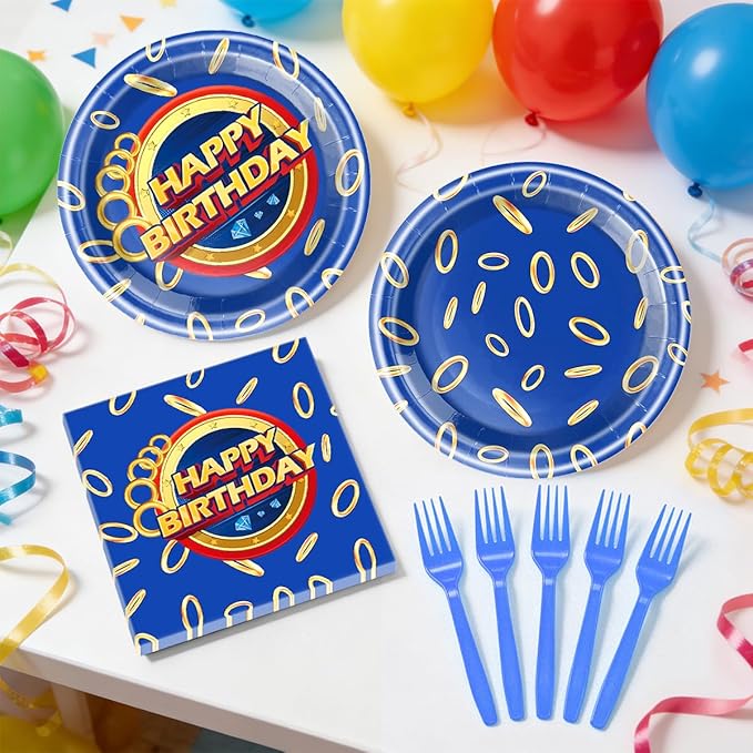 Blue Gold Ring Birthday Plates & Napkins Party Supplies, Blue-gold ring pattern Disposable Happy Birthday Party Tableware Set