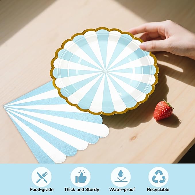 50PCS Blue Striped Paper Plates and Napkins Party Supplies, 7 inch Disposable Gold Foil Scalloped Dessert Plate Party Tableware Set for Birthday Wedding Bachelorette Baby/ Bridal Shower Decorations