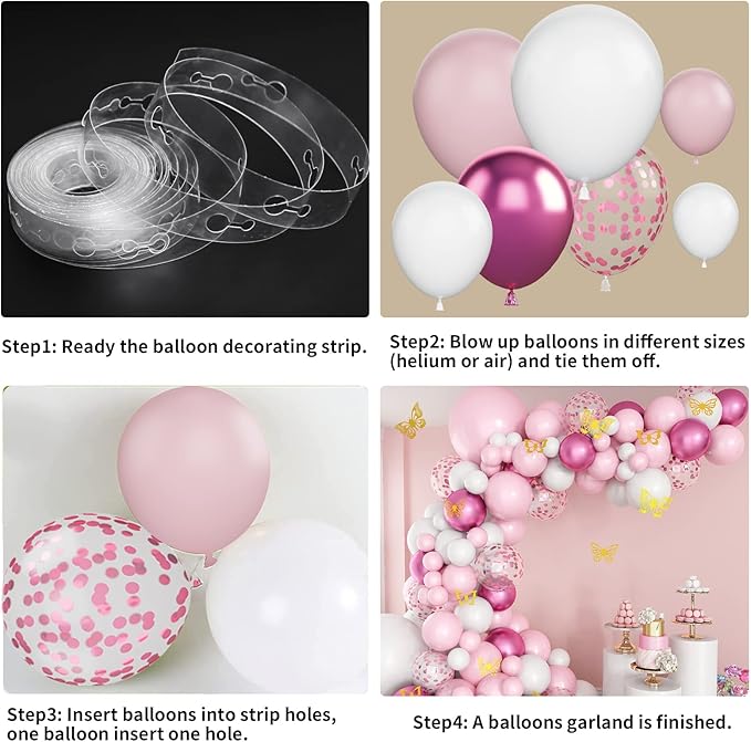Pink and White Balloon Arch Garland Kit, Pink White Metallic Magenta Confetti Latex Balloons and Butterfly Accessories for Baby Shower Wedding Birthday Anniversary Party Decorations