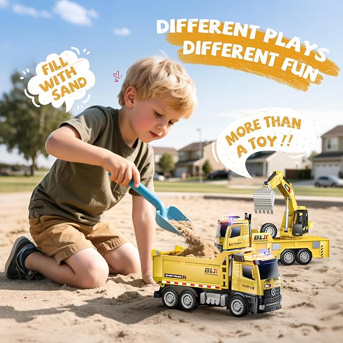 4 Pcs Alloy Construction Truck Toys for 2 3 4 5 Year Old Boys, 9" Construction Vehicles with Light & Sound, Truck Toys for 1 2 3 Year Old Boys, Ideas 2 3 4 5 Year Old Boy Birthday Gifts