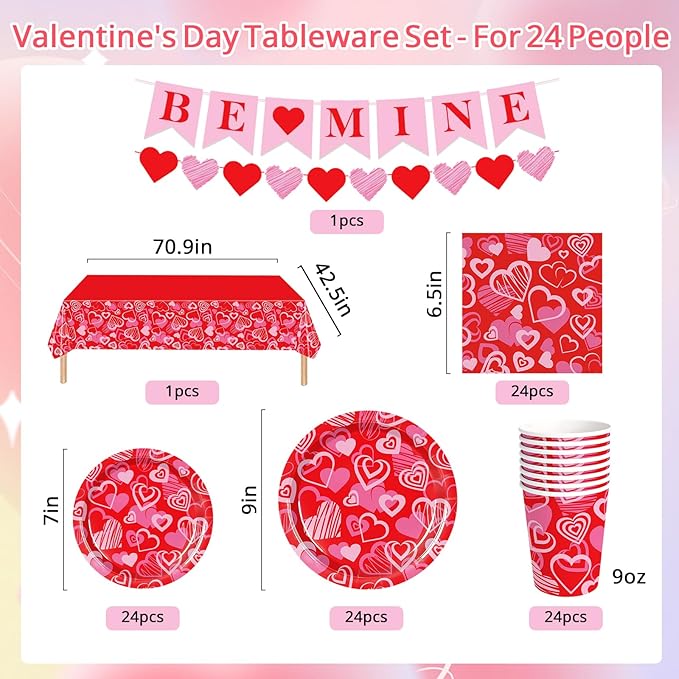 Valentine's Day Party Supplies Serve 24, 97 Pcs Hot Heart Love Disposable Paper Plates Napkins Cups Plastic Tablecloth with Banner for Valentine's Day, Engagements, Anniversary, Birthday Party