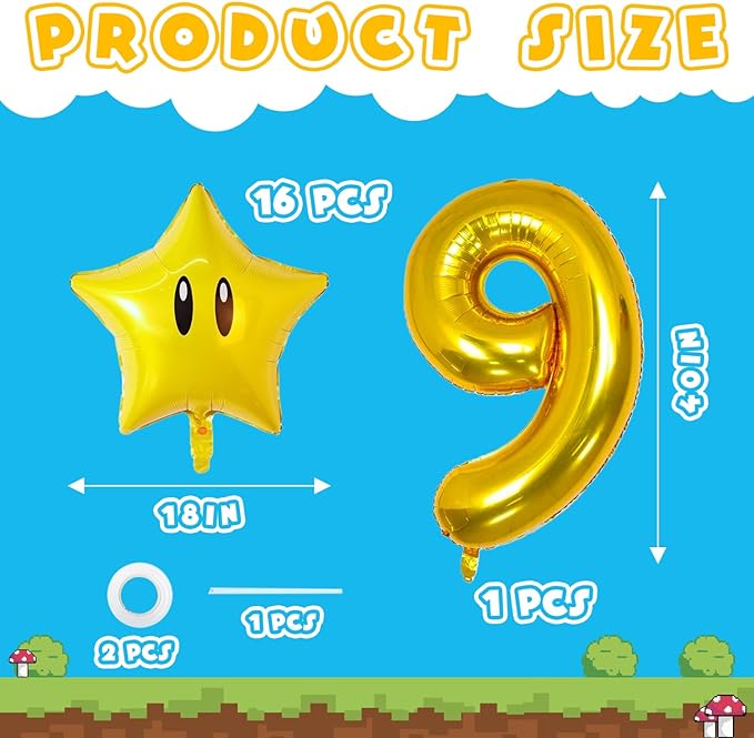 16PCS Foil Star Balloons, 40Inch Number 9 and Star Foil Balloons For Game Theme 9th Birthday Party Decorations Children Party Supply Party Decor （9th）