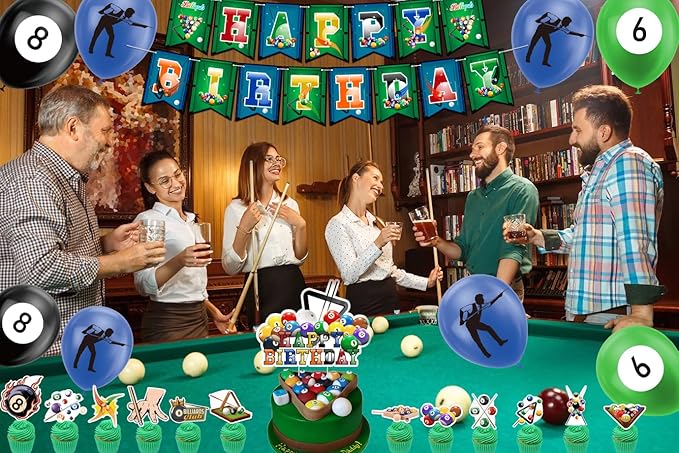 Billiards Party Decorations Billiards Birthday Party Supplies Includes Billiards Happy Birthday Banner, Cake Topper, Cupcake Toppers, Balloons for Billiards Theme Party Sports Party
