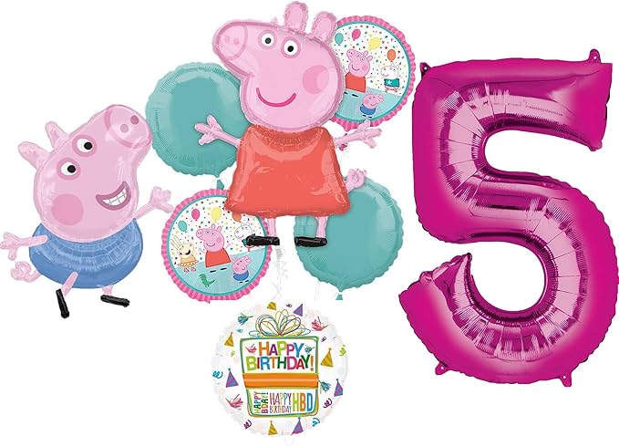Anagram Peppa and George 5th Birthday Party Supplies Pig Foil Balloon Bouquet Decorations, BQ_4285