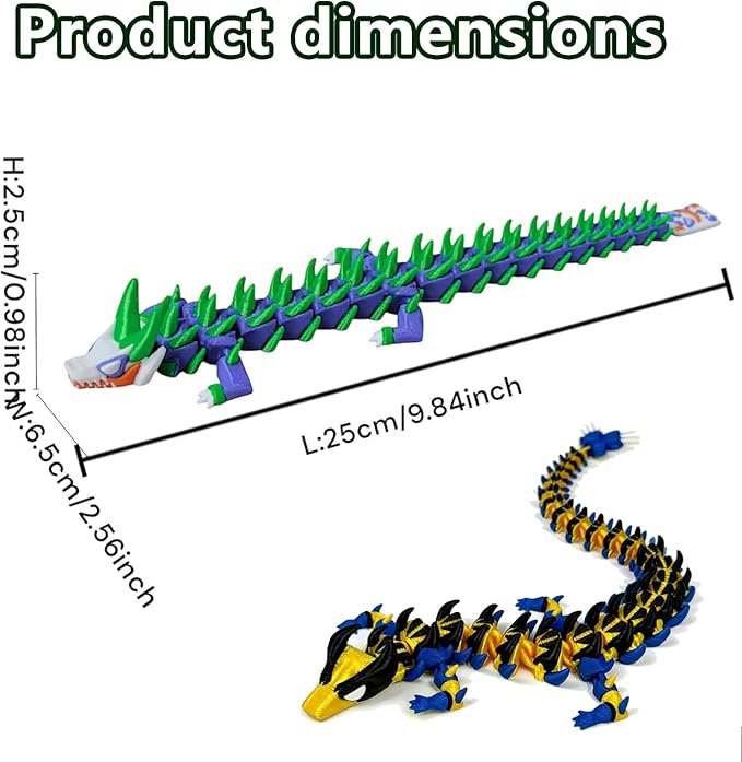 3D Printed Dragon,10 in 3D Printed Dragon Model,Unique 3D Animals Collectible,Flexible Articulated Fantasy 3D Dragon Fidget Toys for Creative Desk Decor Fun Gift.(2 Pcs)