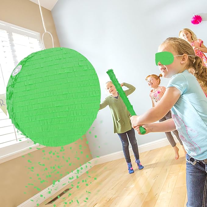 Green Round Pinata with Stick Blindfold and Confetti DIY Blank Pinata for Boys Kids Birthday Party Supplies Carnivals Halloween Christmas Decorations