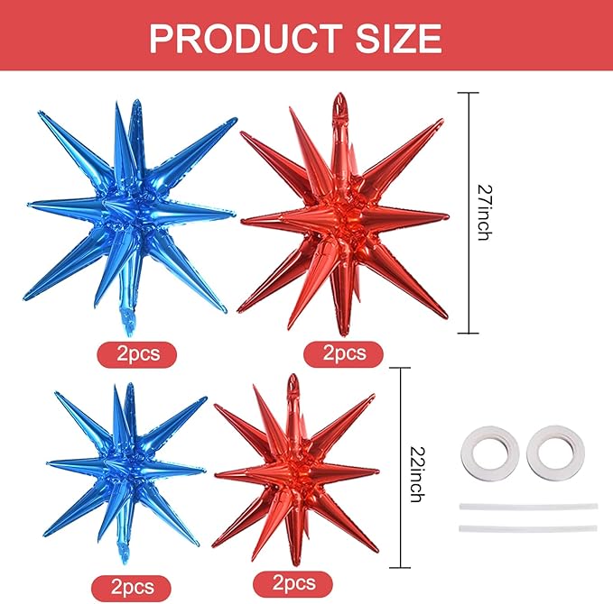 TONIFUL 8 Pcs Blue Red Star Foil Balloons Large Explosion Star Mylar Decorations for Party Backdrop Christmas New Year Birthday Wedding Baby Shower Anniversary Photo Booth Supplies