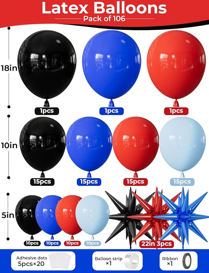 Black Red and Blue Balloons Arch Garland Kit, 106pcs Spider Theme Balloon Arch Kit with Starburst Foil Balloons, Hero-Themed Party Decorations and Birthday Backdrop for Boys