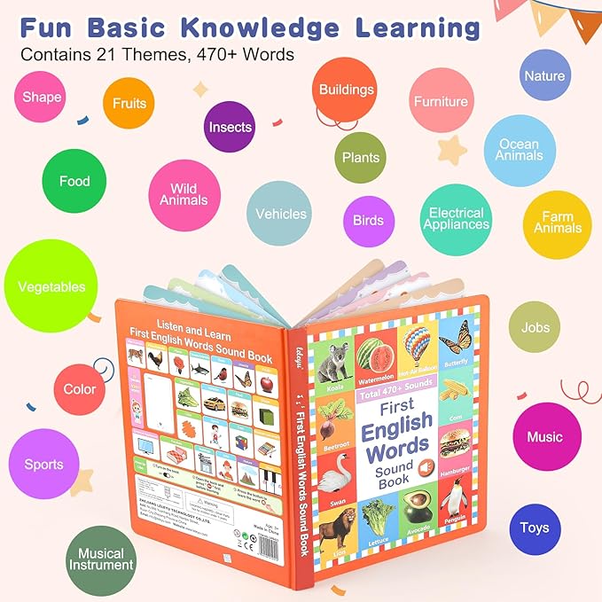 Learning Sound Books, First English Words Sound Book, 21 Themes 470+ Words Interactive Electric Learning Books for Toddlers 2-6 Year Olds, Audio Books for Kids, Gifts for Boys and Girls