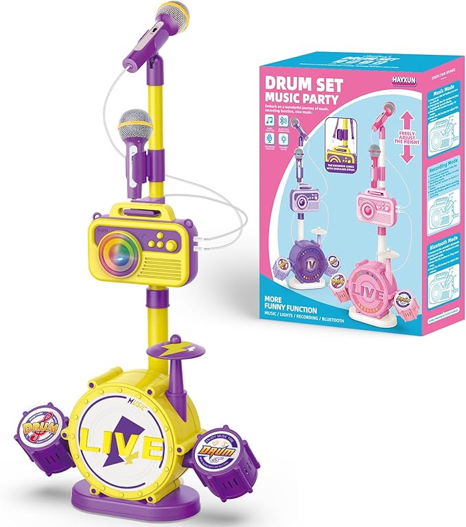 Kids Karaoke Microphone with Adjustable Stand – Bluetooth Kids Karaoke Machine with Lights, Voice Changer, & Recording –Microphones for Singing, Christmas & Birthday Gifts for Girls-Yellow