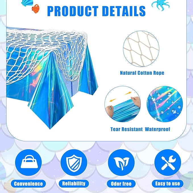 Unittype 6 Pcs Fish Net Decorative and Tablecloth Set, Cotton Fishnet and Plastic Table Cover Decorations Set for Nautical Themed Party Baby Shower Pirate Decorations Mermaid Party (Iridescent Wave)