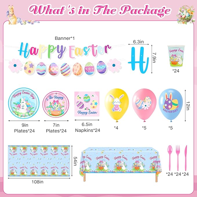 185 Pcs Easter Party Supplies Easter Party Decorations Tableware Set Serves 24, with Easter Bunny Plates Napkins Cups Forks Knives Spoon Tablecloth Banner Balloons for Spring Eater Party Decorations