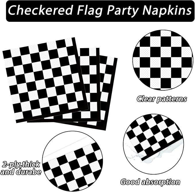 50 Pack Black and White Checkered Flag Party Napkins Disposable Race Car Birthday Party Supplies Racing Car Theme Party Paper Lunch Napkins for Baby Shower Kids Men Party Decorations Favors