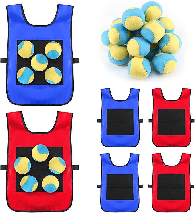 Dodgeball Target Set 20 Soft Fleece Tag Balls with 6 Sticky Vests, 6 Player Activity for Adult Indoor and Outside Play and Sports Activities