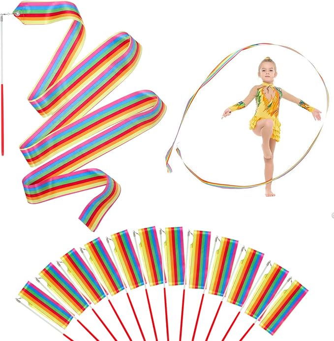 12PCS Rainbow Party Favors Dance Ribbons for Kids Circus Carnival Rhythmic Gymnastics Birthday Party Decoration Supplies, Ribbon Baton Twirling Sticks Silks Streamers Wands for Girls