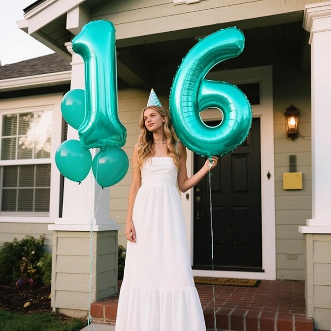 40 Inch Teal Blue Balloon Number 6 Balloons,6 Foil Mylar Helium Large Digital Blue Green Balloon Birthday Numbers Jumbo Balloons 16th or 61st Anniversary Party Decorations Supplies