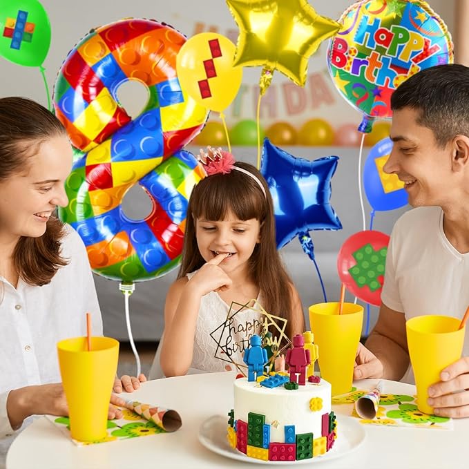 40 Inch Building Block Number Balloon, Colorful Number Block Foil Balloons Large Big Numbers Helium Balloon for Girls Boys 8th Birthday Brick Theme Party Decorations (Number 8)