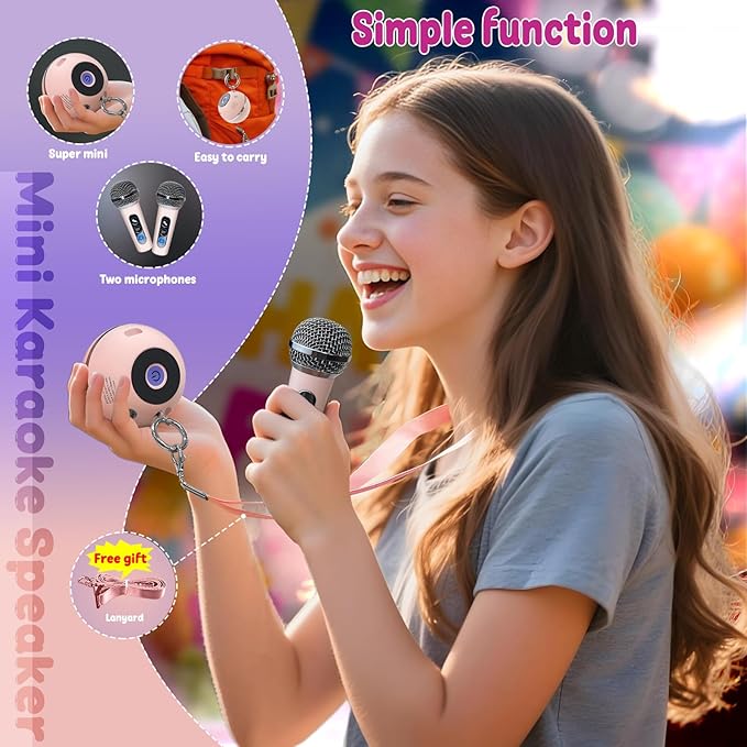 Mini Karaoke Machine for Kids Gifts,3 4 5 6 7 8 9 10 11 12+ Years Old Girl Boy Birthday Gifts Party Singing Toys,Portable Bluetooth Speaker with 2 Wireless Microphone for Teens,Simple Button (Pink)