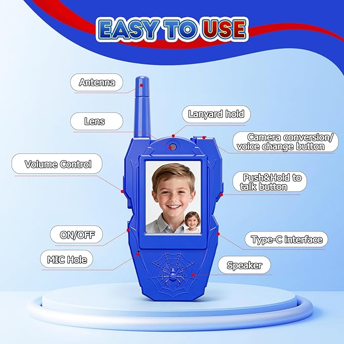 Video Walkie Talkies for Kids, 2 Pack Rechargeable Kids Walkie Talkies with Screen & 5 Voice Changer, Long Range Indoor Outdoor Toys for 3-12 Year Old Boys Girls, Easter Birthday Gifts, Spider