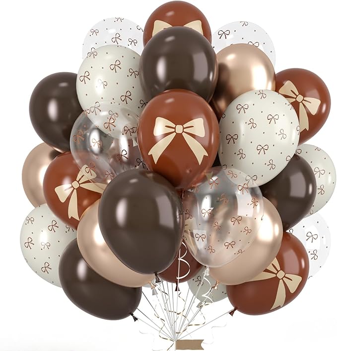 Brown Bow Balloons, 50pcs 12 Inch Dark Coffee Tan Metallic Gold Nude Sand White Clear Neutral Bow Print Balloons for Girl Women Brown Birthday Bow Theme Party Baby Shower Wedding Engagement Decoration