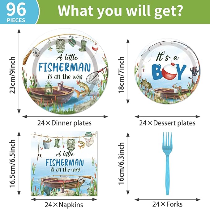 96PCS Fishing Baby Shower Plates and Napkins Party Supplies Fishing Baby Shower Decorations A Little Fisherman is on the Way Gone Fish Party Decorations Disposable Tableware Set Serve 24 Guests