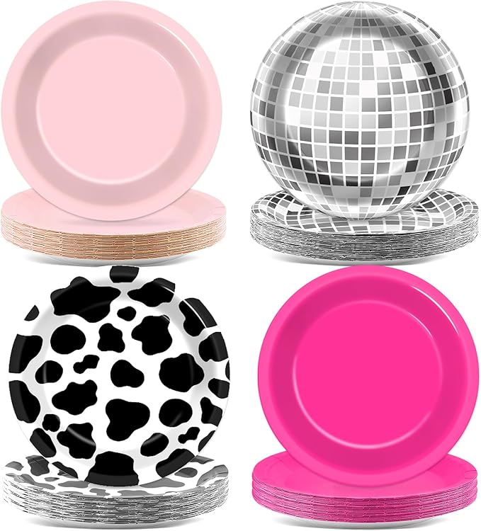 48Pcs Western Cowgirl Party Paper Plates for Cow Print Themed Party Supplies 7" Hot Pink Disco Ball Disposable Dessert Plates for Cowgirl Birthday Bachelorette 80s 90s Disco Shower Party Decorations