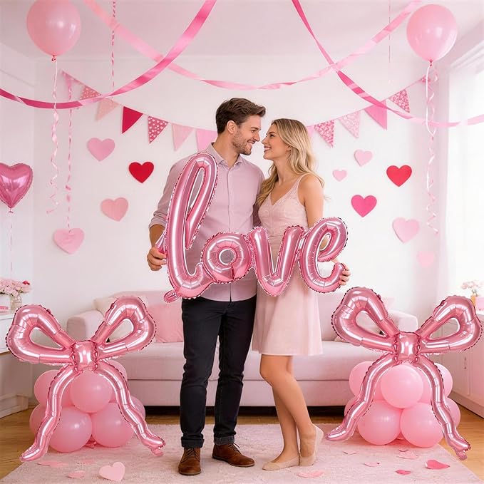 Pink Love Bow Balloons Set, 42 Inch Giant Foil Love Letter Balloon 22 Inch Bow Mylar Balloons for Girls Women Pink Coquette Birthday Bridal Shower Bachelorette Wedding Engagement Valentines Decoration