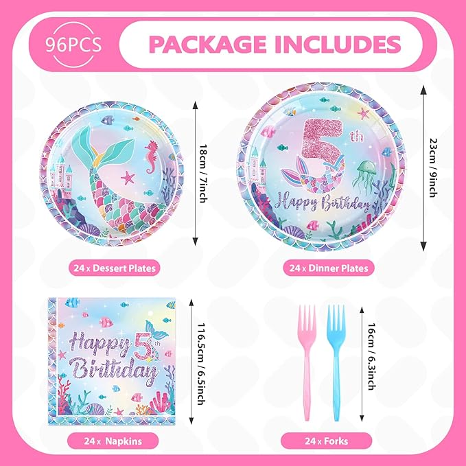 96Pcs Mermaid 5th Birthday Party Decorations Dive Into Five Party Plates and Napkins Disposable Mermaid Ocean Sea Animal Tableware Set for Girls 5 Year Old Little Mermaids Party Supplies Serves 24