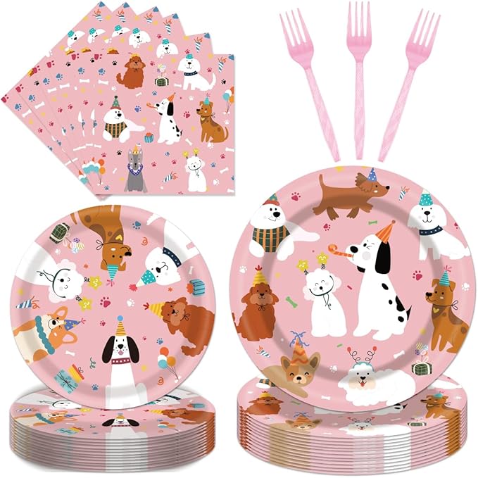 96 Pcs Dog Plates and Napkins Party Supplies, Dog Theme Party Decorations, Pink Puppy Tableware Set Decors Favors Disposable Dinnerware Serve 24 Guests