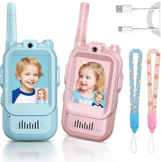 Kids Rechargeable Video Walkie Talkies (3-12) – Indoor/Outdoor Toys for Adventures & Playdates(Blue+Pink)