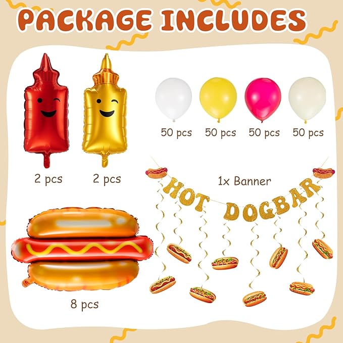 Gejoy 213 Pcs Hot Dog Party Decorations Kit - Includes 12 Pcs Hot Dog Balloons, 200 Latex Balloons & 1 Set Glitter Banner for Birthday Sausage Food Party Supplies & BBQ Celebrations