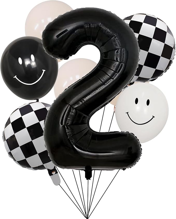 100% LIKED Two Cool Balloon Set, 40” Black Two|Black & White Smiley Face Latex |Checkered Foil for 2 Cool Birthday Decorations, Smiley Face Party Deco, Baby Shower,2nd Birthday Party Supplies