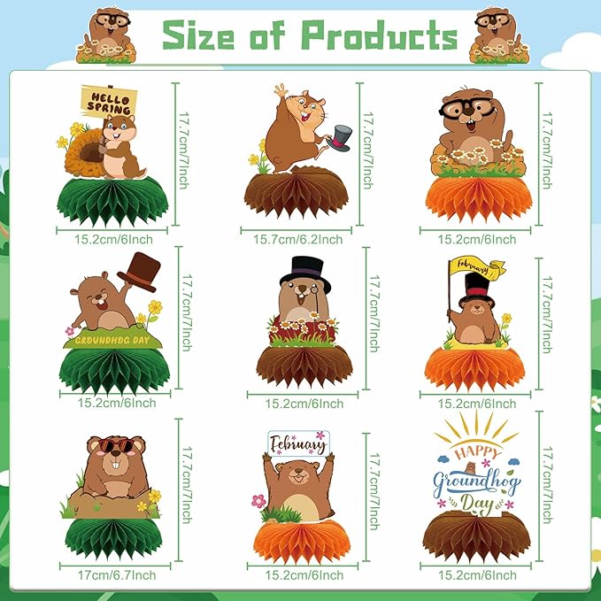 Gameza Groundhog Day Decorations, 9PCS Cute Groundhog Day Party Table Decoration, Happy February Honeycomb Centerpieces Party Decor Supplies for Weather Forecast Spring