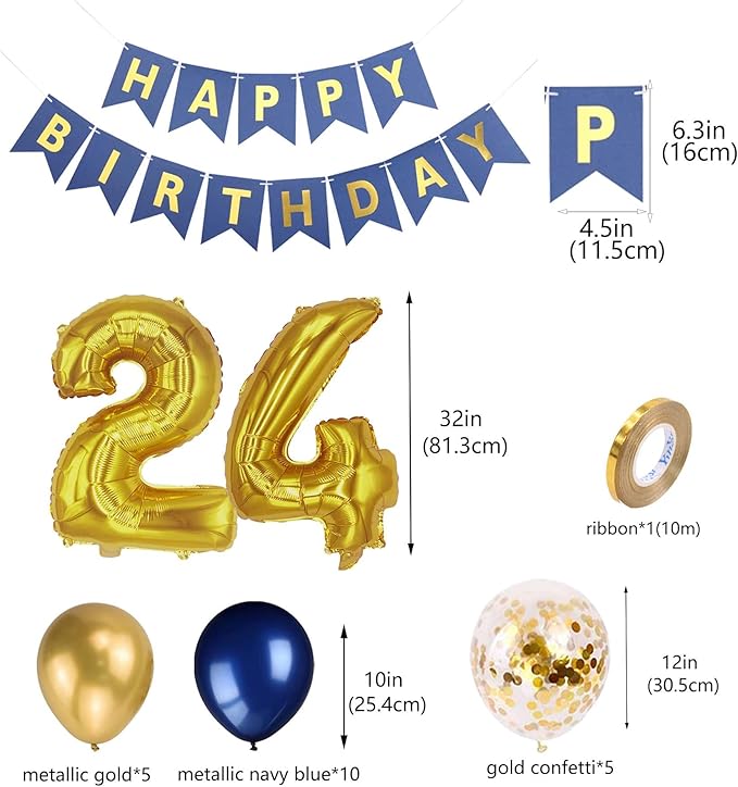 24th Birthday Decorations for Men, Blue Birthday Banner Gold Number 24 Foil Confetti Balloons Metallic Latex Confetti Balloons for Men Him Women Her 24 Years Old Birthday Supplies(24th)