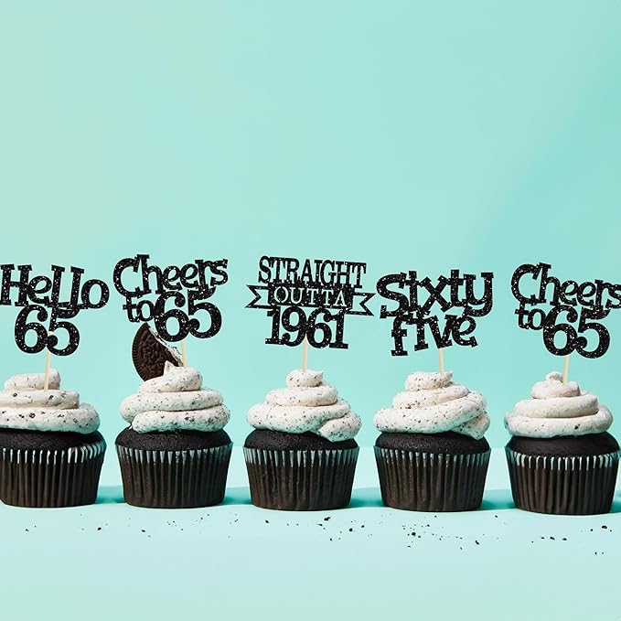 Ephlyn 24Pcs 65th Birthday Cupcake Toppers Glitter Straight Outta 1961 Cupcake Picks Hello 65 Cheers to 65 Years Cake Decorations for 65th Birthday Anniversary Party Decorations Supplies Black