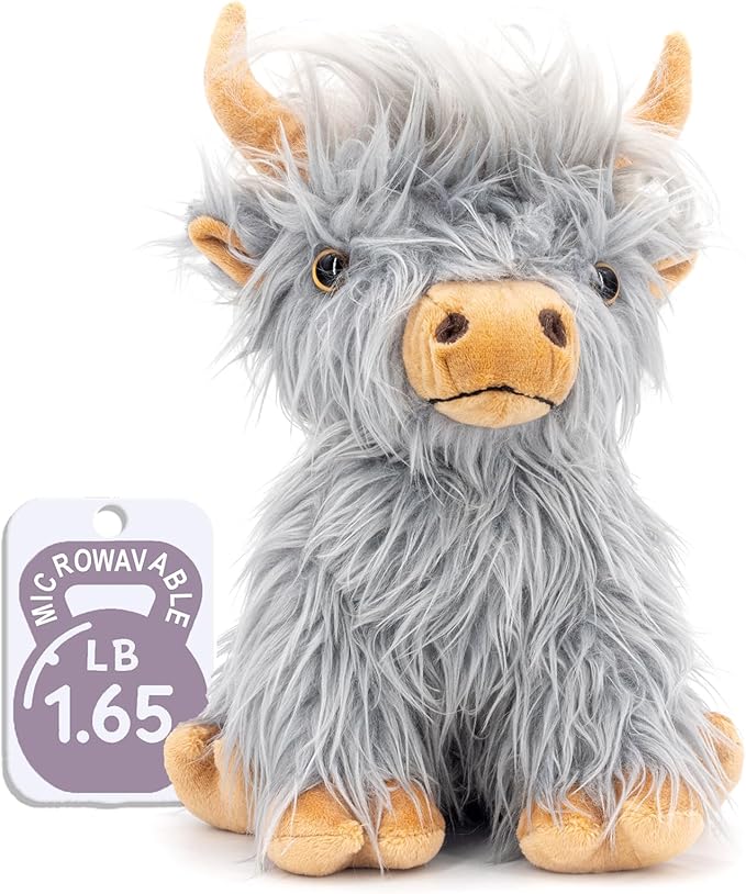 Marysun Highland Cow Stuffed Animal Toy, Gray Microwavable Highland Cow Gift for Girls and Kids