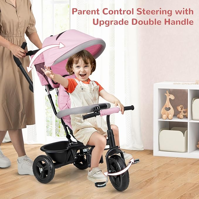 INFANS Kids Tricycle, 6 in 1 Baby Trike Toddler Bike with Reversible Seat, Adjustable Push Handle, Control Direction, Removable Canopy, Safety Harness, Belt, Storage, 9-60 Months (Pink)
