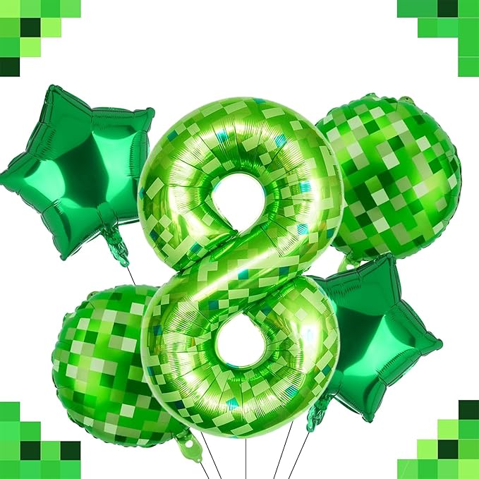 40 Inch Green Pixel Miner Number 8 Foil Balloon Set 5Pcs Large Mylar Mining Theme 8th Number Balloons Pixel Cubes Video Game Birthday Party Decorations