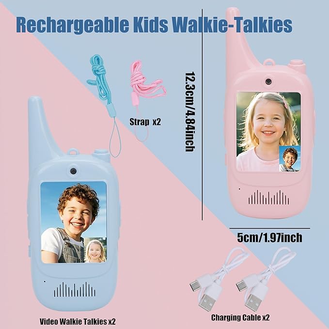 Video Walkie Talkies for Kids 2 Pack, Rechargeable Handheld Kids Walkie Talkies Fun Toys with Camera and Video Screen Display for Child Age 3-12 Family Games, Indoor, Outside, Camping, Hiking