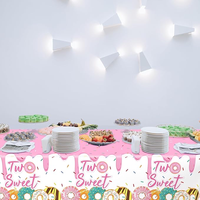 ZOIIWA 3 Pack Two Sweet Donut Birthday Party Tablecloths Decorations Girls Donut Themed Plastic Table Covers for Baby Girl 2nd Birthday Supplies Pink Party Favors Table Decor 54 x 108 Inch