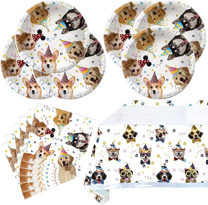 Dog Party Tableware Set,20 Plates and 20 Napkins and Tablecloth71 '' x 42 '',Dog Birthday Theme Party Decorate Supplies