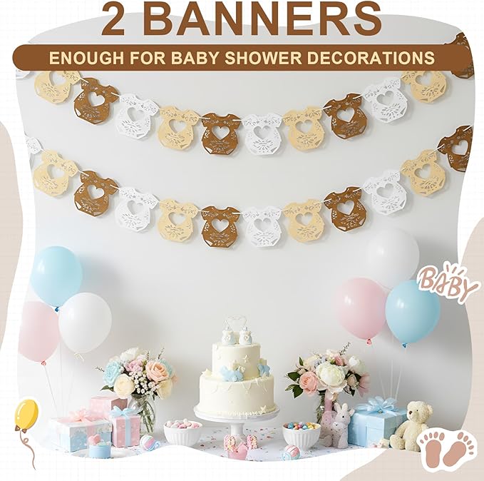 2 Pack Cielito Lindo Papel Picado Baby Shower Banner Decoration, Mexican 24 Pcs Bodysuit Card with Hanging String Fiesta Garland for Gender Baby Shower Party Supplies(Rustic Color)