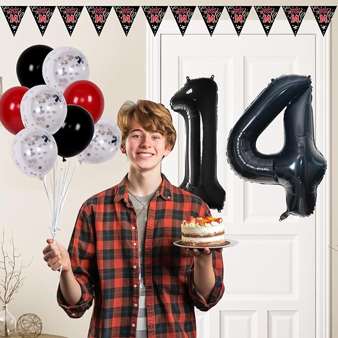 14th Birthday Decorations for Boys Girls, Happy 14th Birthday Decorations Boy, Red Black 14 Year Old Birthday Door Banner Sign, Triangle Flag, Large 14 Balloons Decor for 14 Bday Party Supplies